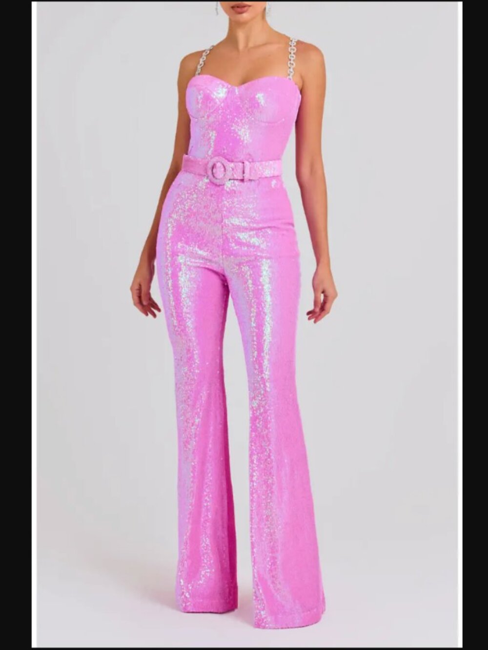 Nadine Merabi Tiffany Pink Sequin Belted Wide Leg Strapless Jumpsuit L